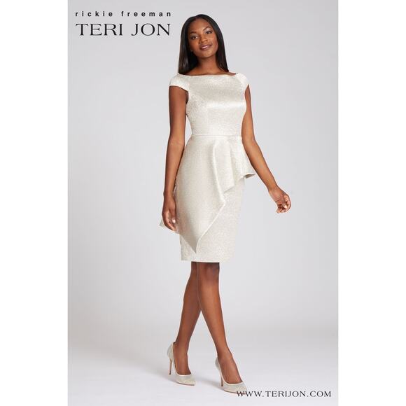 Teri Jon Peplum Cocktail Dress Gold Metallic Ruffle Knee Length Sheath Sz 4 - Picture 1 of 11